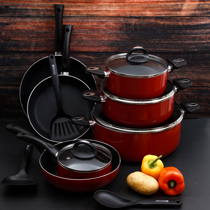 Non-Stick Cookware Set - Red Induction Pans with Toughened Glass Lids 16Pcs