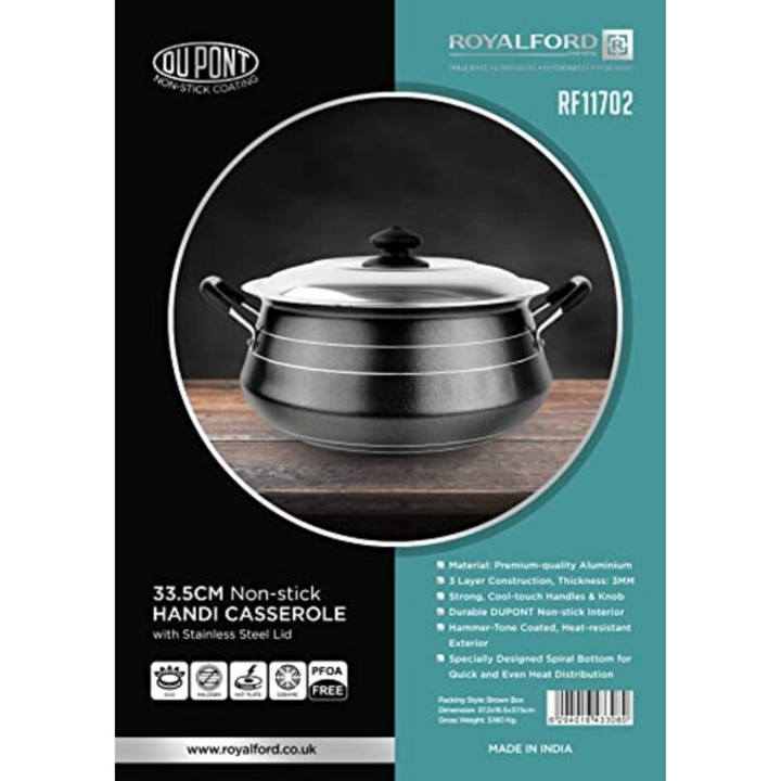 Non-Stick Round Aluminium Handi Casserole with Lid Black 33.5cm