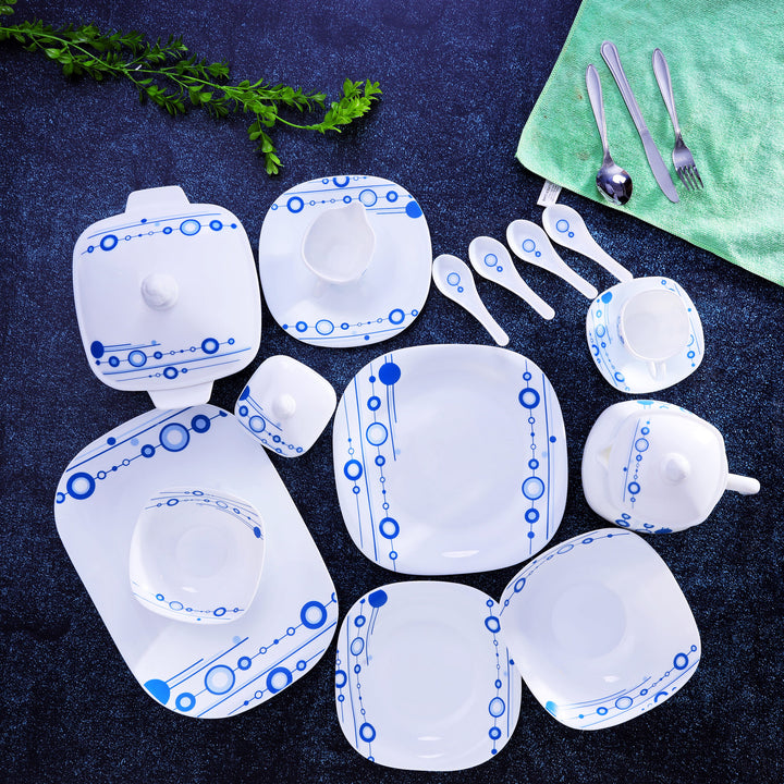 Opal Hard Square Dinner Set, White-Blue 97 Pieces