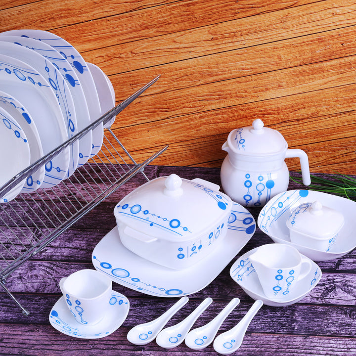 Opal Hard Square Dinner Set, White-Blue 97 Pieces