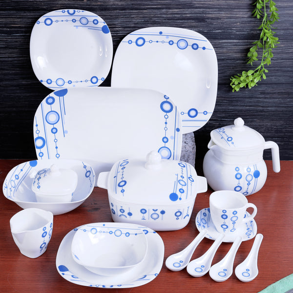 Opal Hard Square Dinner Set, White-Blue 97 Pieces