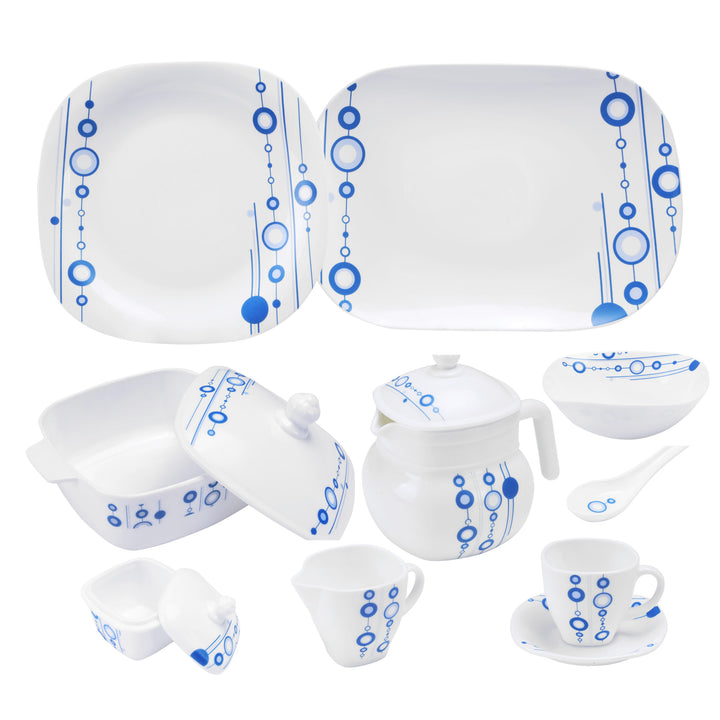 Opal Hard Square Dinner Set, White-Blue 97 Pieces