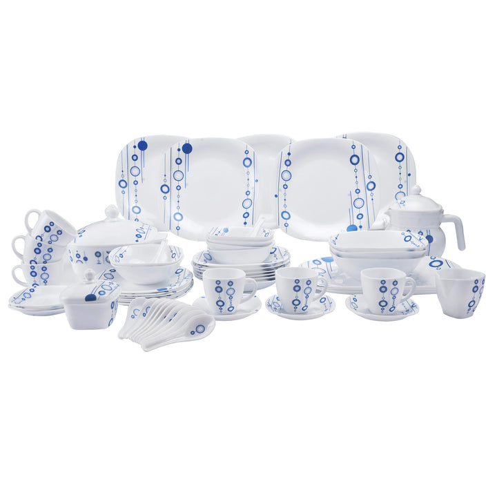 Opal Hard Square Dinner Set, White-Blue 97 Pieces