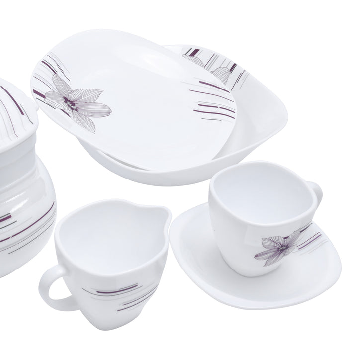 Opal Ware Dinner Set - Floral Design Plates, Bowls, Spoons, Cup & Saucer Tea Pot 97 Piece