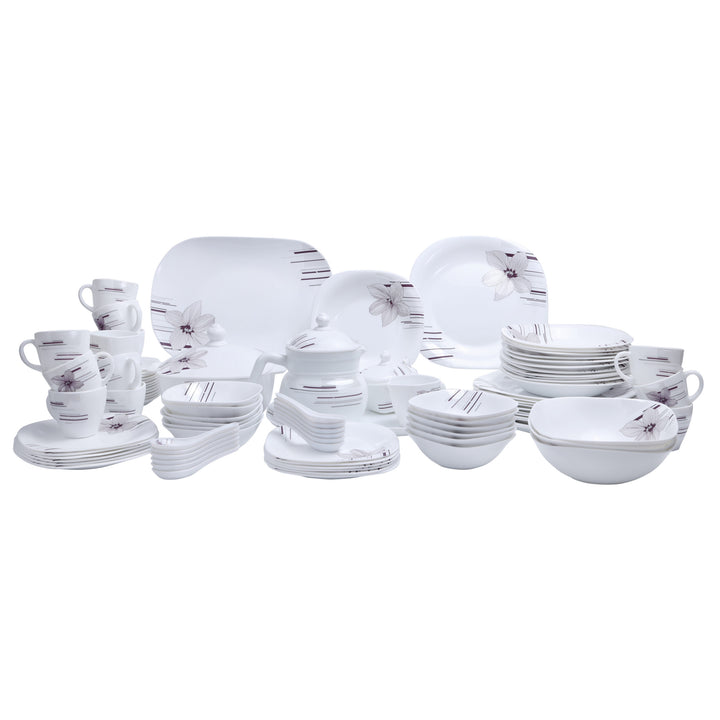 Opal Ware Dinner Set - Floral Design Plates, Bowls, Spoons, Cup & Saucer Tea Pot 97 Piece