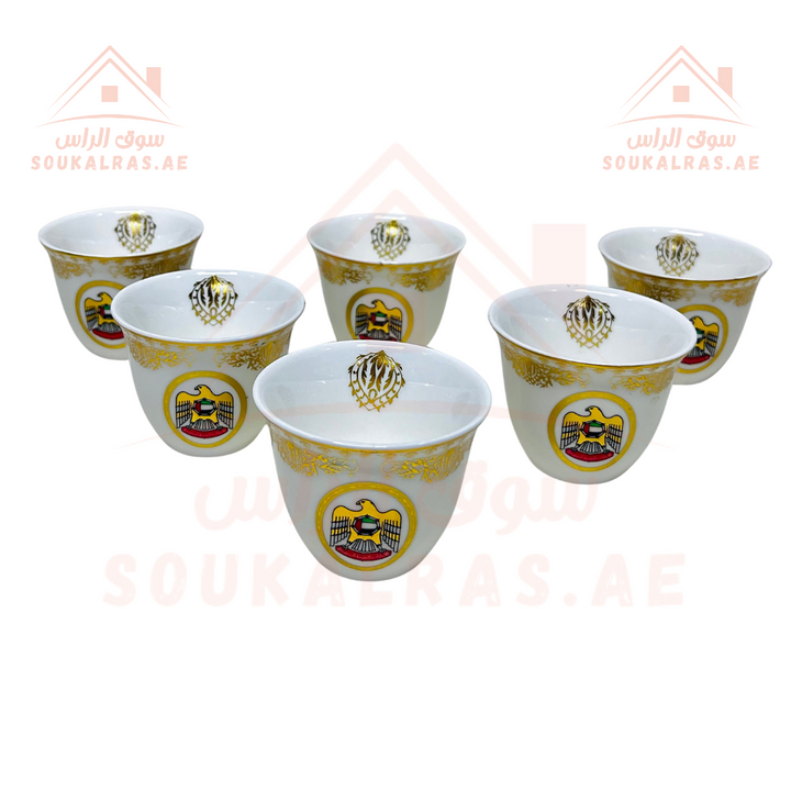 طقم فناجين قهوة عربية فاخرة مكون من 6 قطع بعلم الإمارات العربية المتحدة - بورسلين عالي الجودة