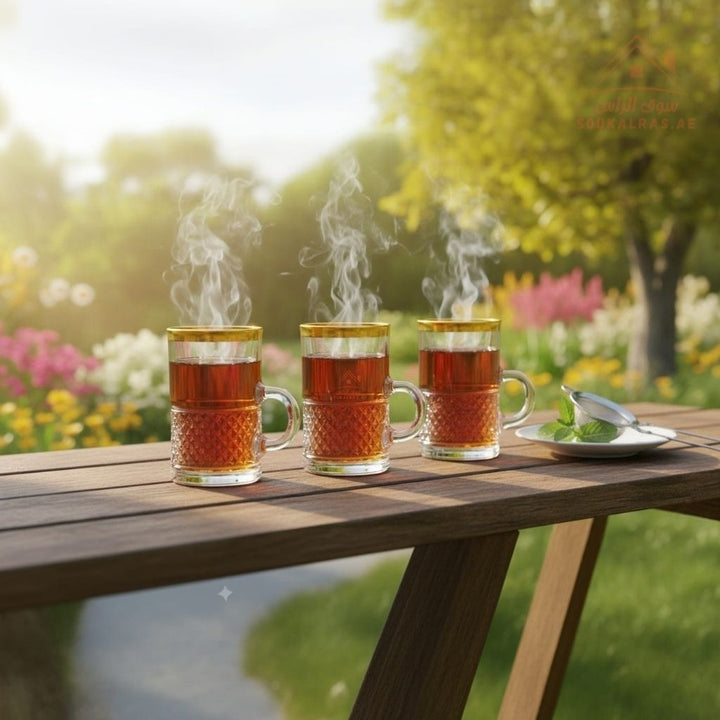 طقم أكواب شاي زجاجية فاخر — 3 أكواب بحافة باللون الذهبي ومقبض | مثالي للشاي والكرك | سهل التنظيف ومتين
