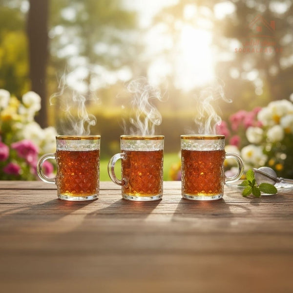 طقم أكواب شاي زجاجية فاخر — 3 أكواب بحافة باللون الذهبي ومقبض | مثالي للشاي والكرك | سهل التنظيف ومتين