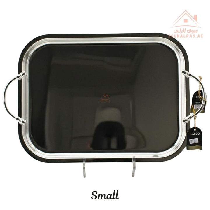 صينية تقديم مستطيلة فاخرة بنقش عربي – تصميم عربي باللون الفضى| متوفرة بمقاسين|  مثالية لتقديم الشاي والقهوة والحلويات والتمر في الضيافة اليومية 