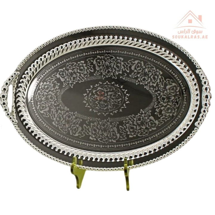 صينية تقديم بيضاوية فاخرة بنقش عربي – تصميم عربي باللون الفضى| متوفرة بمقاسين|  مثالية لتقديم الشاي والقهوة والحلويات والتمر في الضيافة اليومية 