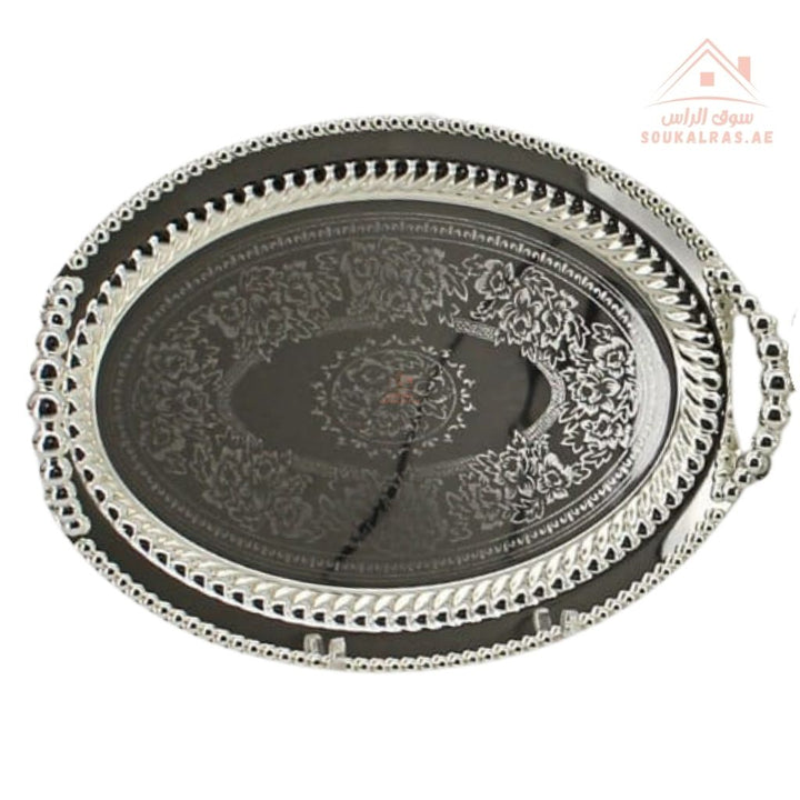 صينية تقديم بيضاوية فاخرة بنقش عربي – تصميم عربي باللون الفضى| متوفرة بمقاسين|  مثالية لتقديم الشاي والقهوة والحلويات والتمر في الضيافة اليومية 