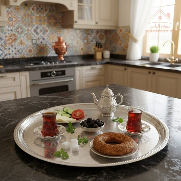 صينية تقديم فاخرة ستانلس ستيل بنقش محفور | تصميم دائري أنيق للضيافة | مناسبة للقهوة، الشاي، الحلويات، والمناسبات