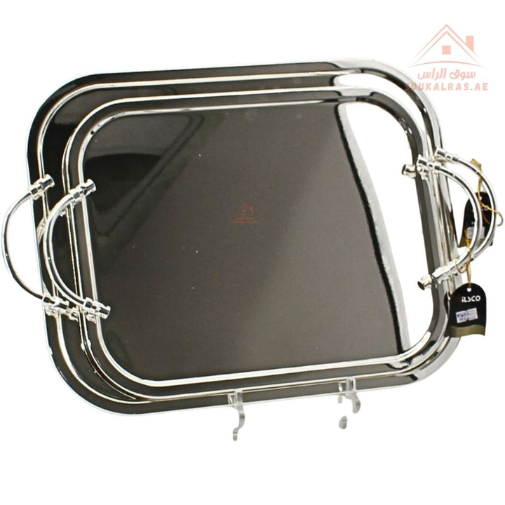 صينية تقديم مستطيلة فاخرة بنقش عربي – تصميم عربي باللون الفضى| متوفرة بمقاسين|  مثالية لتقديم الشاي والقهوة والحلويات والتمر في الضيافة اليومية 