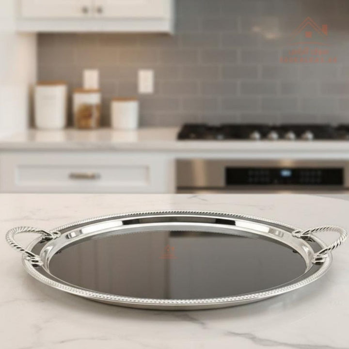 صينية تقديم دائرية ستانلس ستيل فاخرة | مناسبة للمنزل والفنادق والضيافة | مقاومة للصدأ وسهلة التنظيف 