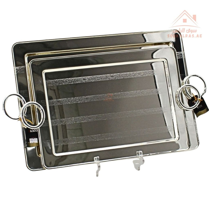 صينية تقديم مستطيلة فاخرة بنقش عربي – تصميم عربي باللون الفضى| متوفرة بمقاسين|  مثالية لتقديم الشاي والقهوة والحلويات والتمر في الضيافة اليومية 