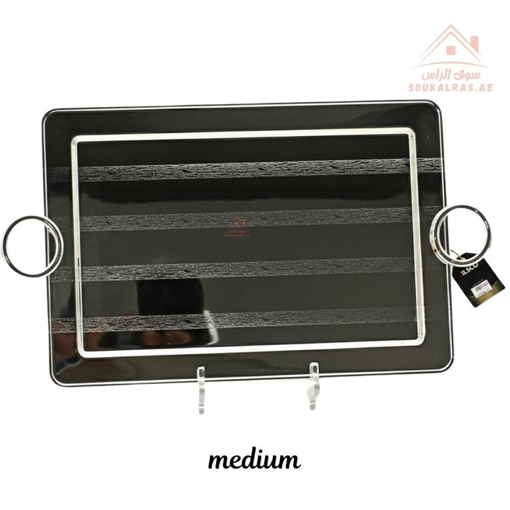 صينية تقديم مستطيلة فاخرة بنقش عربي – تصميم عربي باللون الفضى| متوفرة بمقاسين|  مثالية لتقديم الشاي والقهوة والحلويات والتمر في الضيافة اليومية 