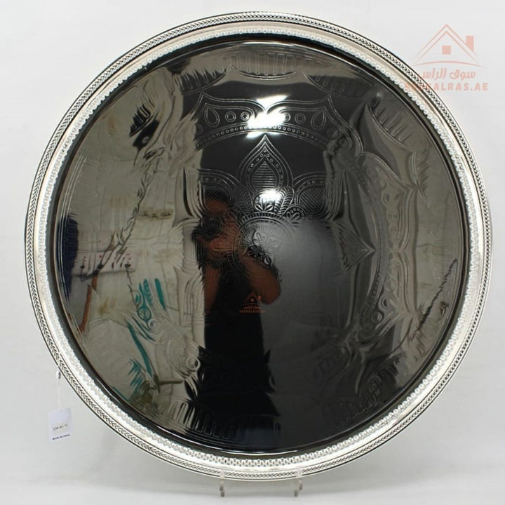 صينية تقديم فاخرة ستانلس ستيل بنقش محفور | تصميم دائري أنيق للضيافة | مناسبة للقهوة، الشاي، الحلويات، والمناسبات