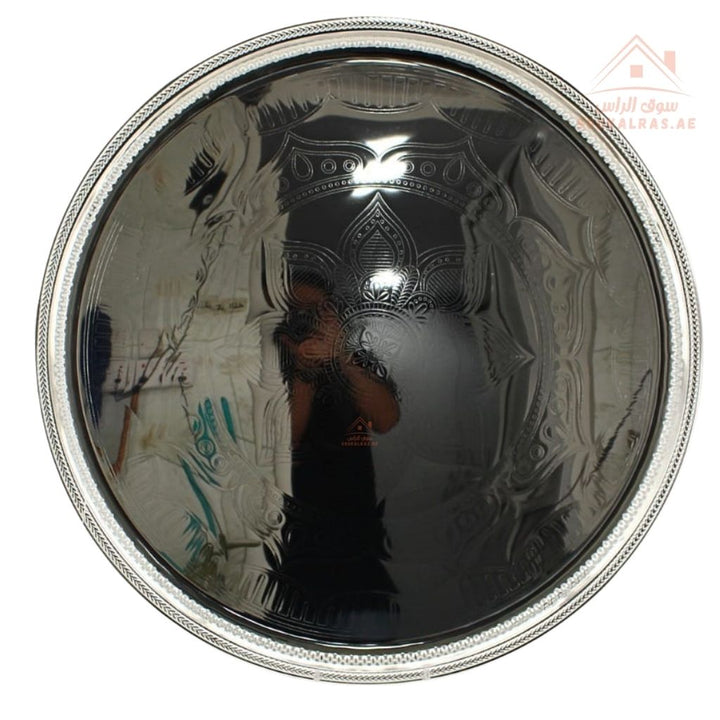 صينية تقديم فاخرة ستانلس ستيل بنقش محفور | تصميم دائري أنيق للضيافة | مناسبة للقهوة، الشاي، الحلويات، والمناسبات