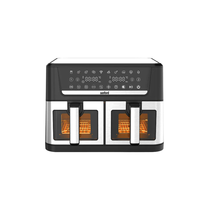 Black and silver appliance with digital display and two heating elements on a white background