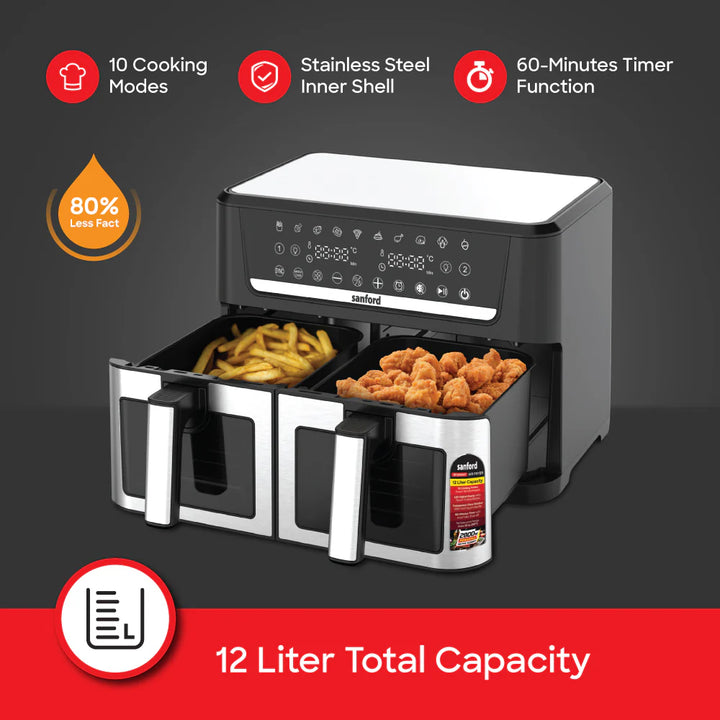 Air fryer with food items inside, featuring multiple features on a dark background
