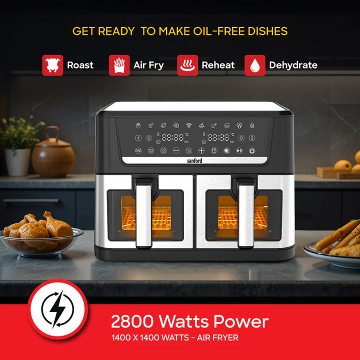 Multifunctional air fryer with cooking options on a kitchen counter