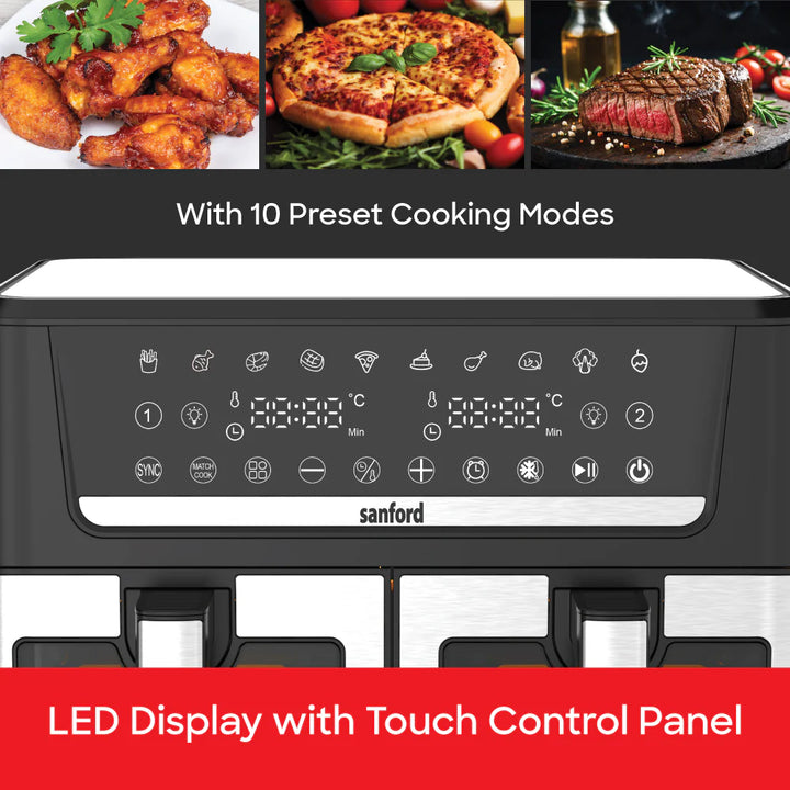 Sanford kitchen appliance with LED display and touch control panel, surrounded by images of food.