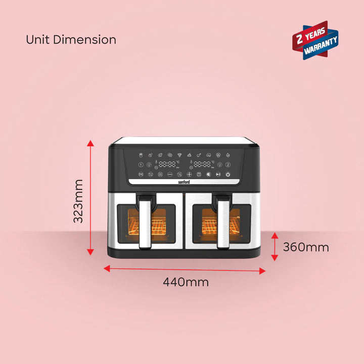 Air fryer with dimensions labeled on a pink background