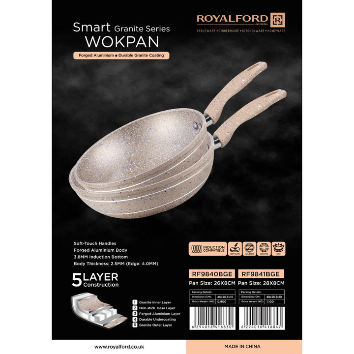 Smart Wok Pan with Durable Marble Coating - High-Quality Forged Aluminium Construction 26cm