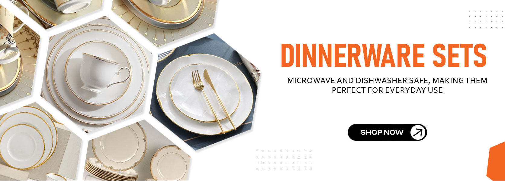 Dinnerware sets with cutlery on a white background, featuring text about safety and a 'Shop Now' button.