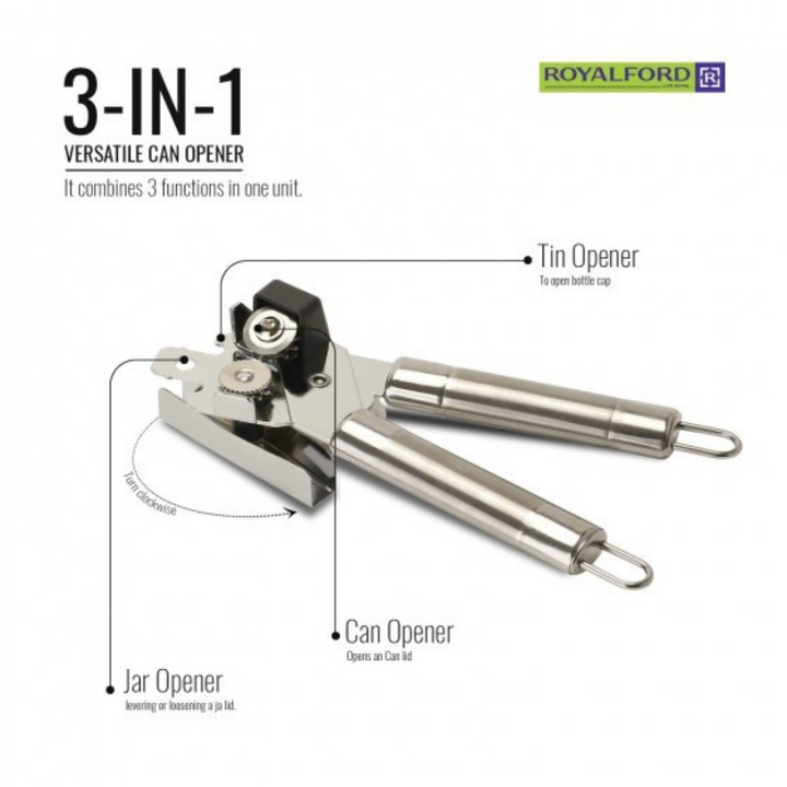 Stainless Steel Can Opener with Tube Handle Steel 3In1 Versatile