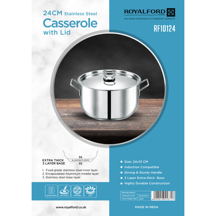 Stainless Steel Casserole with Lid - Thick Base 24cm