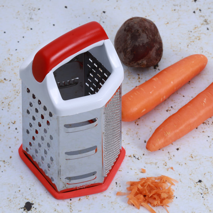 Stainless Steel Grater - 6 Slided Hand Held Grater -Slicer - Chopper - Red & White