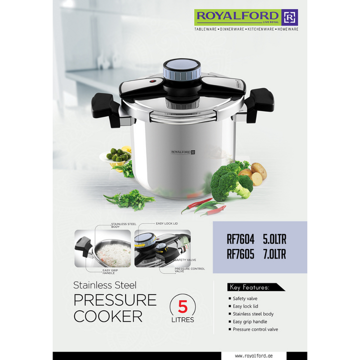 Stainless Steel Pressure Cooker 7L - Easy Lock Lid & Handle