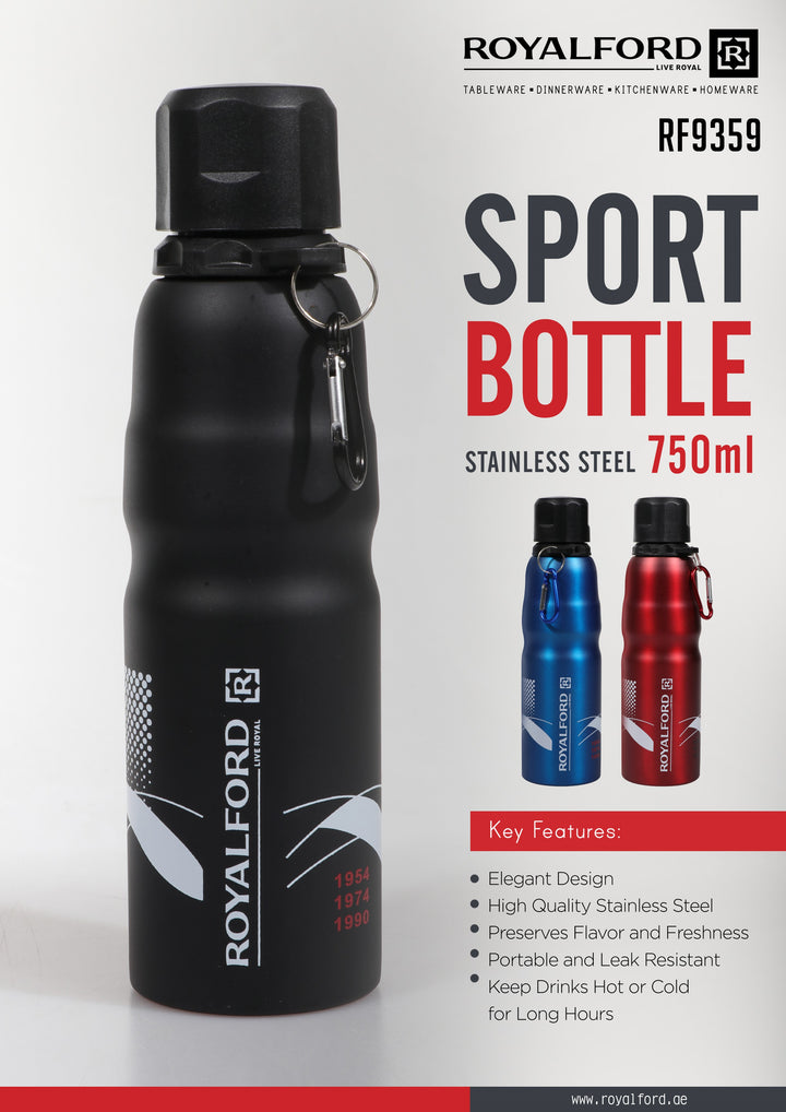 Stainless Steel Water Bottle - Reusable Wide Mouth with Hanging Clip 750ml