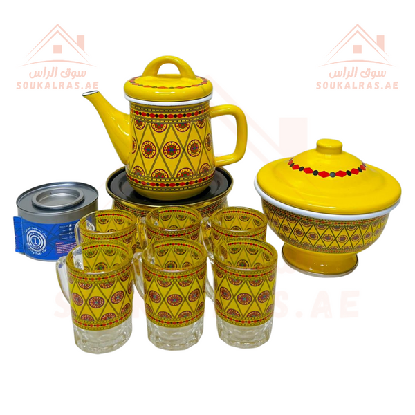 Traditional Arabic Tea Set with Teapot, Stand, & Serving Date Plate - 6 Cups - Available in Yellow & Red