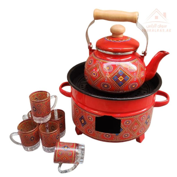 Traditional Najdi Enamel Kettle & Tea Glass Set and stove 26 cm for cooking and heating with traditional Arabic designs - Souk Al RasDrinkware