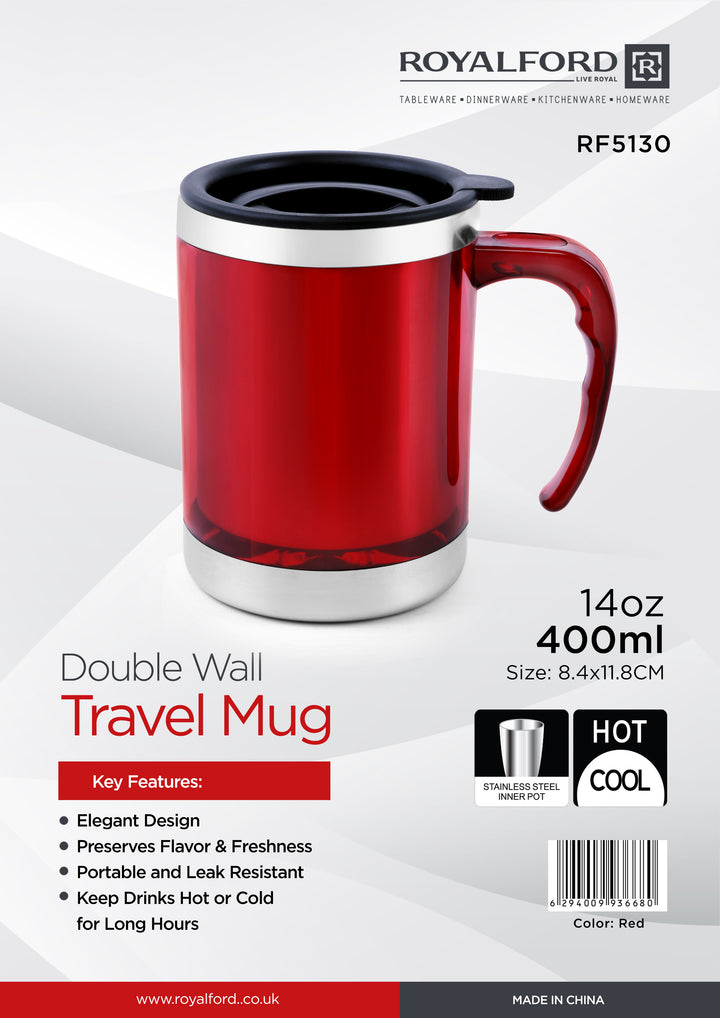 Travel Mug - Coffee Red Mug Tumbler with Handle and Lid 414ml