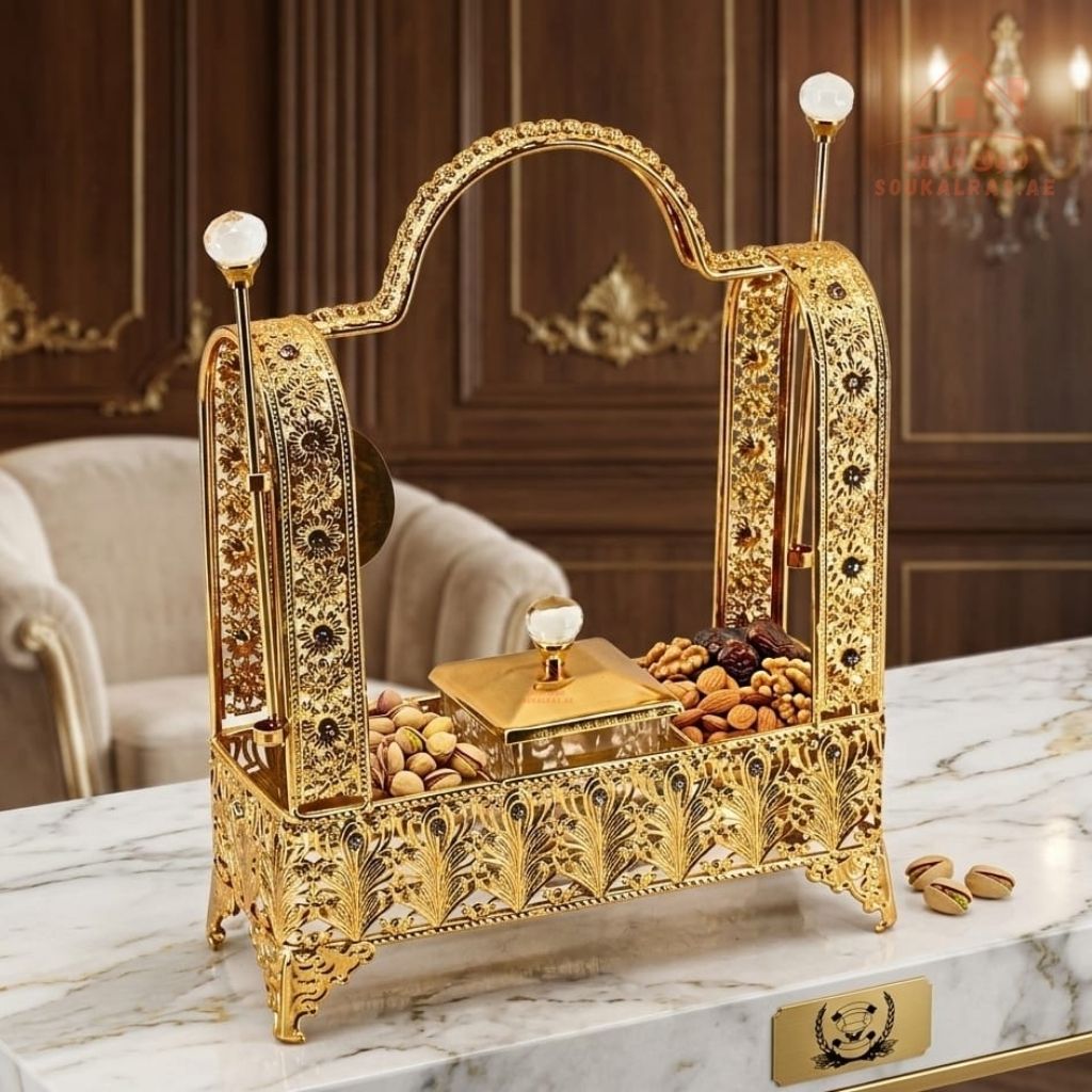 Tea Service Condiments Ultra-Luxury Ornate Gold Metal Tea & Condiment Caddy with Crystal Knob ...