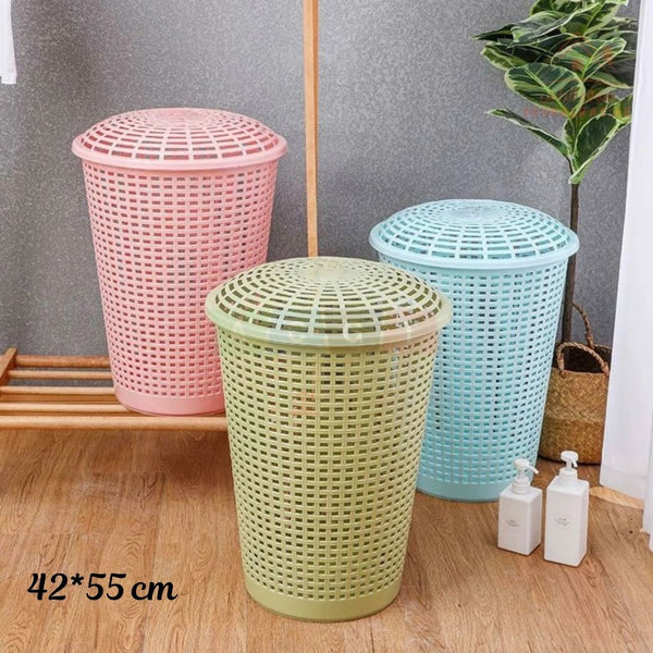 Venice Laundry Basket with Lid 42x55CM | Plastic Woven Design Ventilated design keeps clothes fresh Perfect for bedrooms, bathrooms, and laundry areas | Durable & Lightweight - Mix Color - Souk Al Ras
