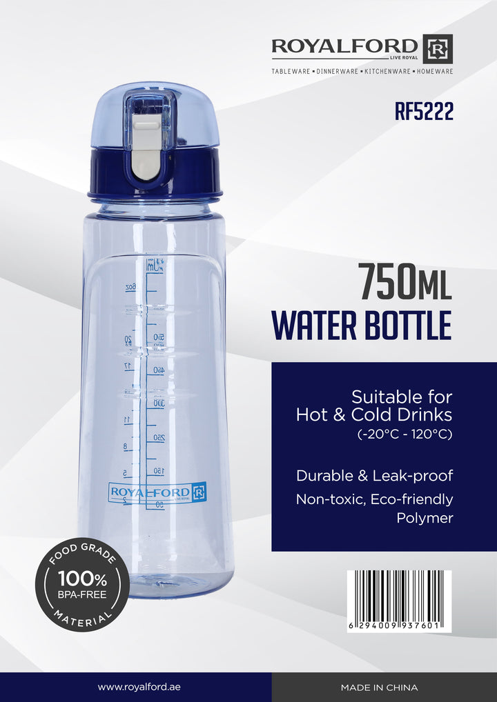 Water Bottle - Reusable Wide Mouth Bottle with Hanging Clip 750ml