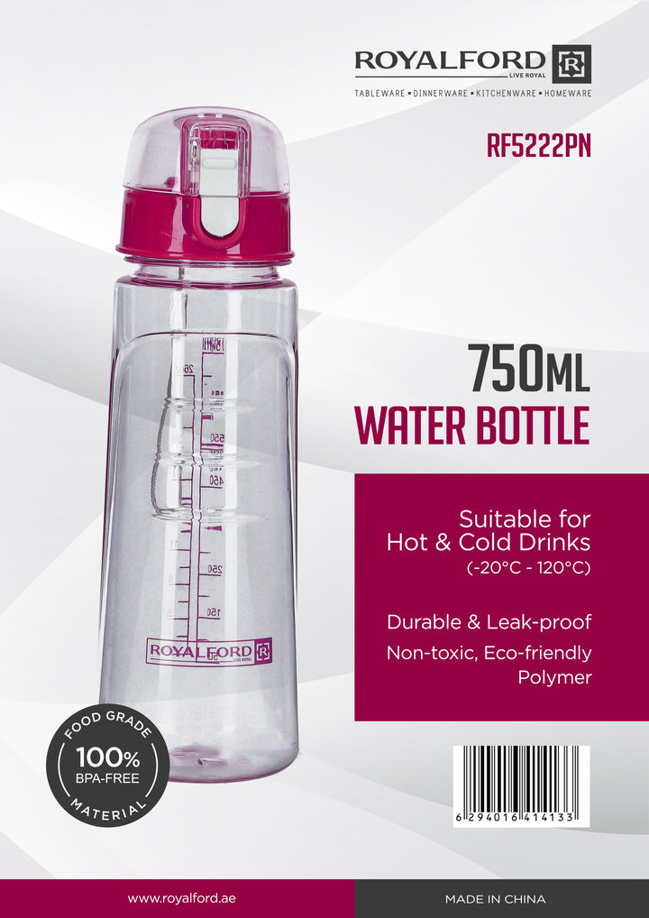 Water Bottle - Reusable Wide Mouth Bottle with Hanging Clip 750ml