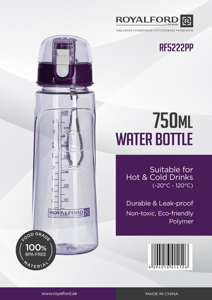 Water Bottle - Reusable Wide Mouth Bottle with Hanging Clip 750ml