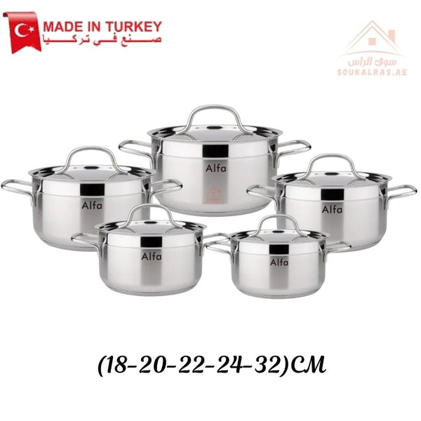 Alfa 10 - Piece Premium Stainless Steel Cookware Set | 18/10 Steel | Made in Turkey | Compatible with Gas, Electric & Induction - Souk Al Ras