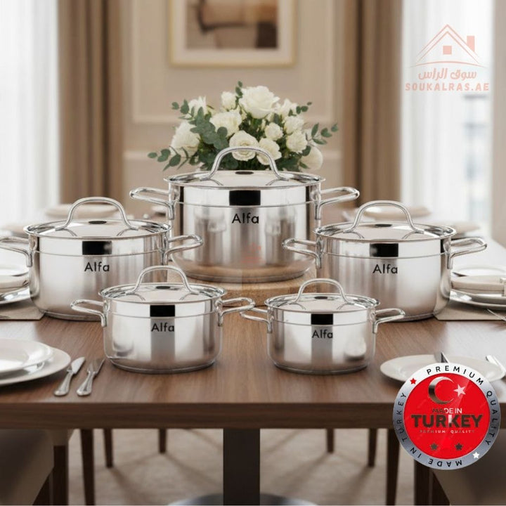 Alfa 10 - Piece Premium Stainless Steel Cookware Set | 18/10 Steel | Made in Turkey | Compatible with Gas, Electric & Induction - Souk Al Ras