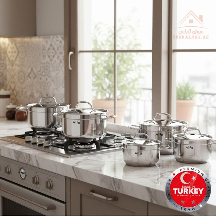 Alfa 10 - Piece Premium Stainless Steel Cookware Set | 18/10 Steel | Made in Turkey | Compatible with Gas, Electric & Induction - Souk Al Ras