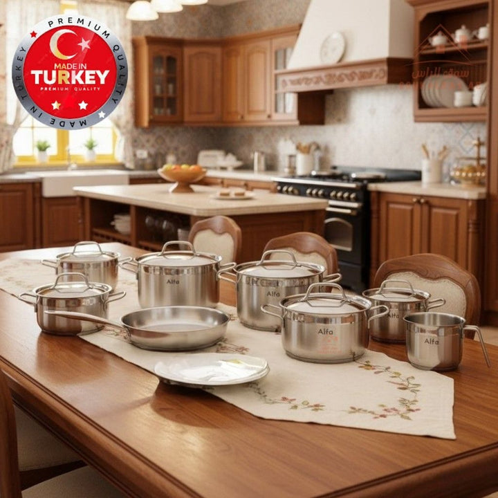 Alfa 14 - Piece Premium Stainless Steel Cookware Set | 18/10 Steel | Made in Turkey | Compatible with Gas, Electric & Induction - Souk Al Ras