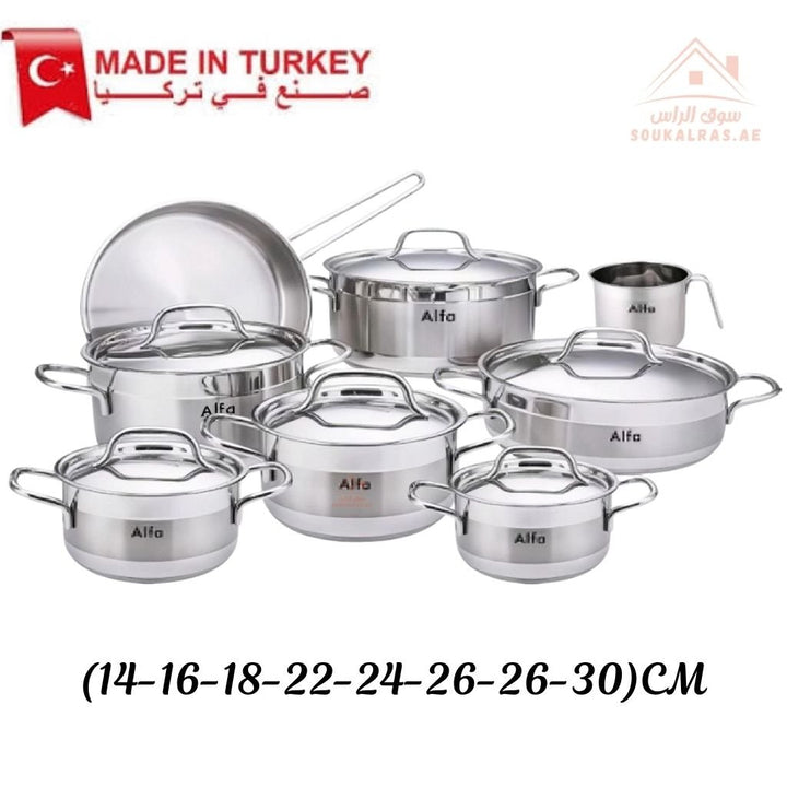 Alfa 14 - Piece Premium Stainless Steel Cookware Set | 18/10 Steel | Made in Turkey | Compatible with Gas, Electric & Induction - Souk Al Ras