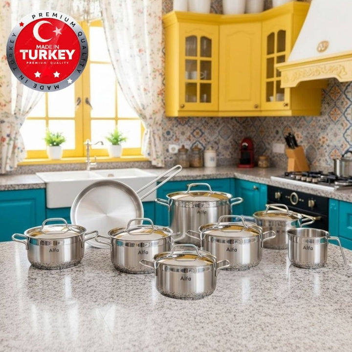 Alfa 14 - Piece Premium Stainless Steel Cookware Set | 18/10 Steel | Made in Turkey | Compatible with Gas, Electric & Induction - Souk Al Ras