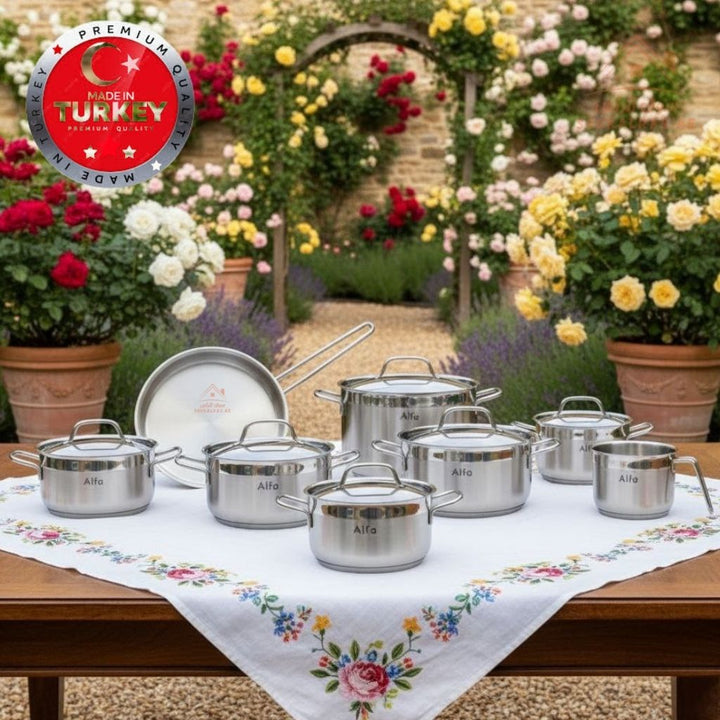 Alfa 14 - Piece Premium Stainless Steel Cookware Set | 18/10 Steel | Made in Turkey | Compatible with Gas, Electric & Induction - Souk Al Ras