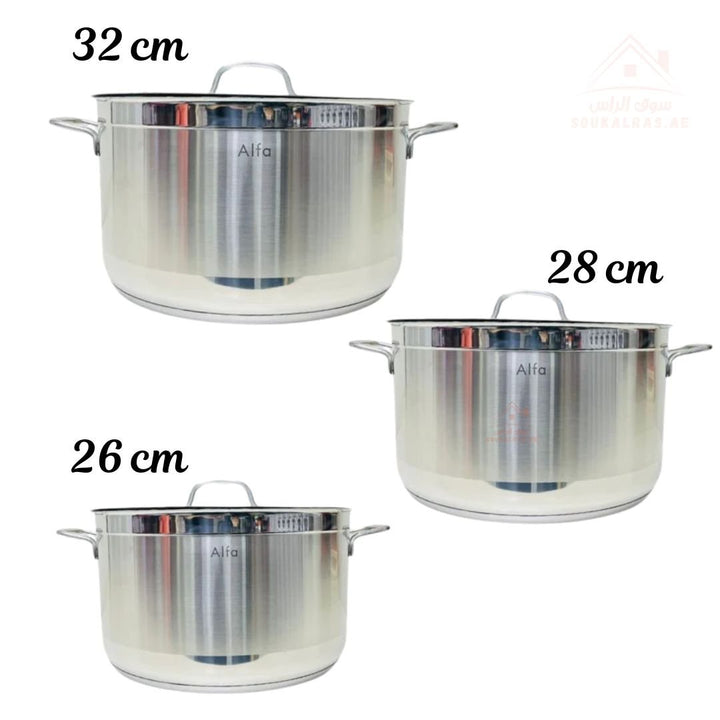 Alfa 6 - Piece Cookware Set (14.8 L - 9.5 L - 7.7 L) | Premium Stainless Steel 18/10 | Made in Turkey | 3 - Year Warranty - Souk Al Ras